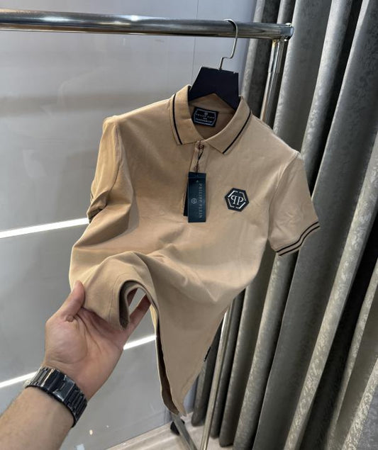 Philip Plein Beige Metal Logo Imported Polo T-Shirt
